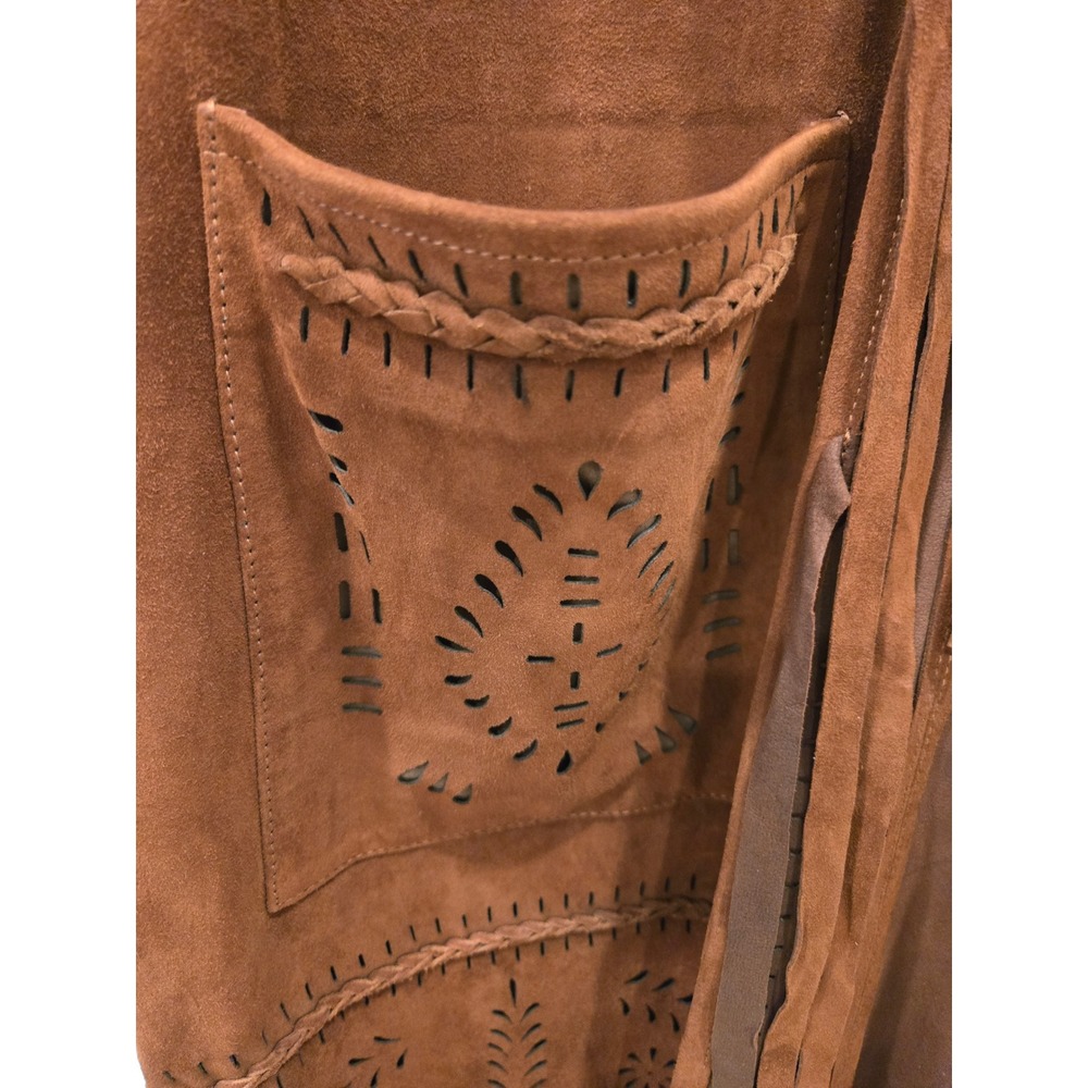Sundance Brown Leather Suede Boho Fringe Duster Vest Laser Cut Floral Large - Picture 6 of 12